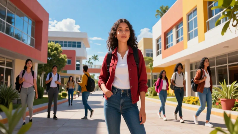 Estudiante mexicano en campus moderno de futuro