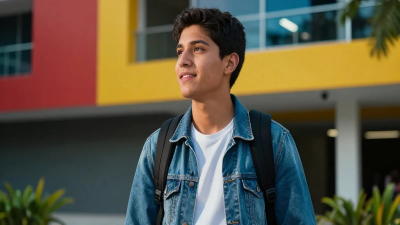 Estudiante mexicano exitoso en campus moderno
