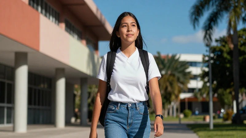 Estudiante mexicano brillante camina por una universidad moderna