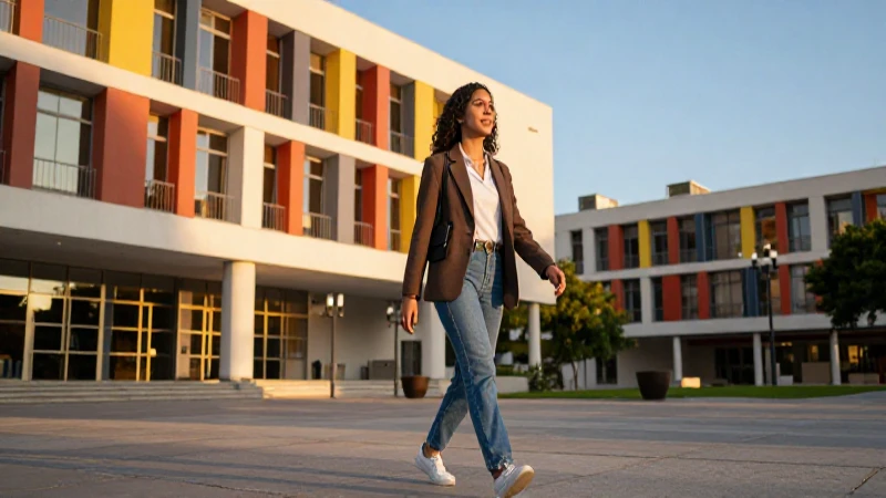 Joven mexicano camina aspiracionalmente en campus moderno