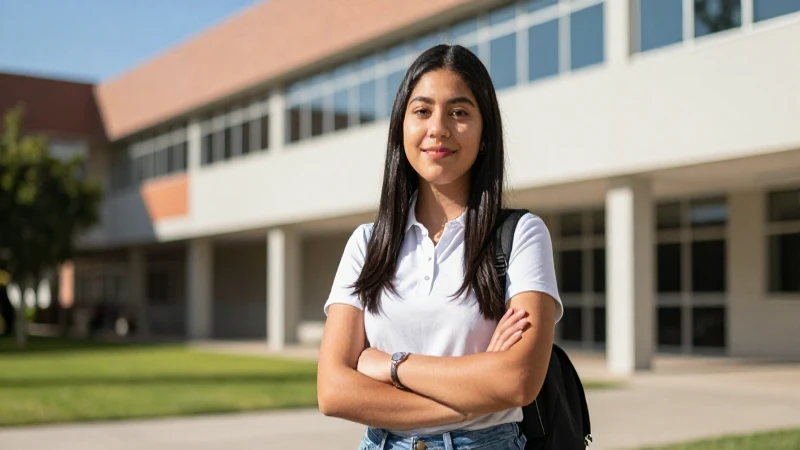 Estudiante mexicano exitoso en campus moderno