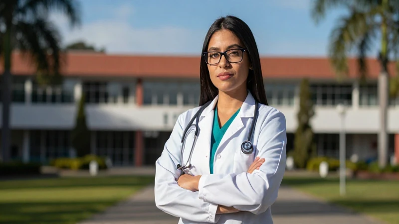 Estudiante mexicana con uniforme médico en campus vibrante