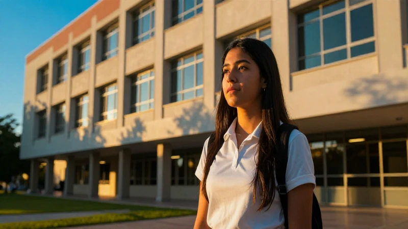 Estudiante mexicano en campus, luz dorada dramática