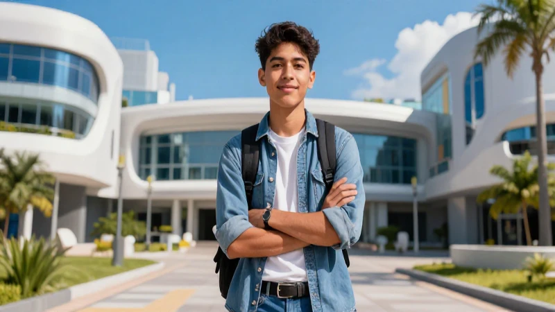 Estudiante mexicano confiado en campus futurista
