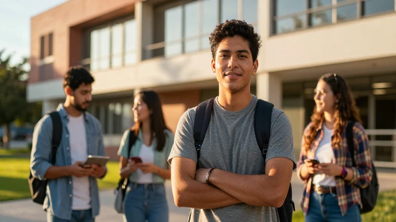 Estudiante mexicano confiado en campus universitario al atardecer