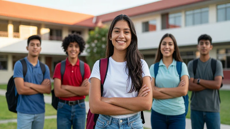 Joven mexicano sonriente en campus moderno