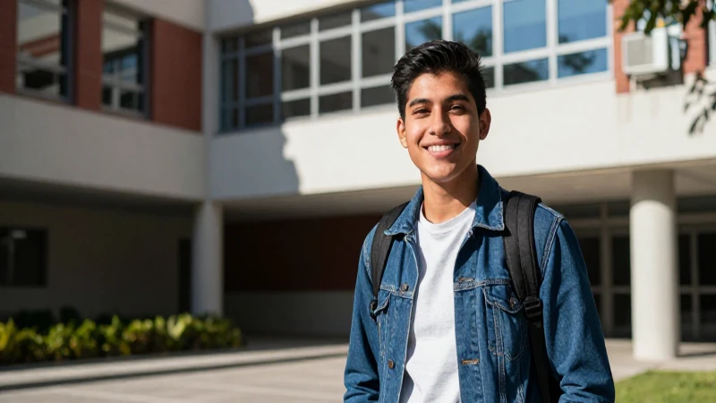 Estudiante mexicano sonríe en campus moderno