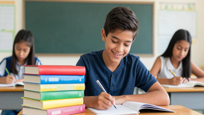 Estudiante mexicano feliz estudia en aula moderna