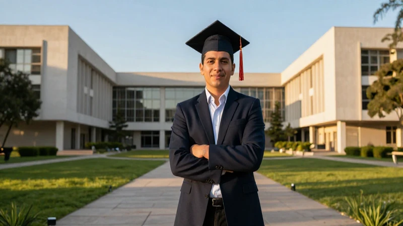 Graduado mexicano en campus con luz dorada