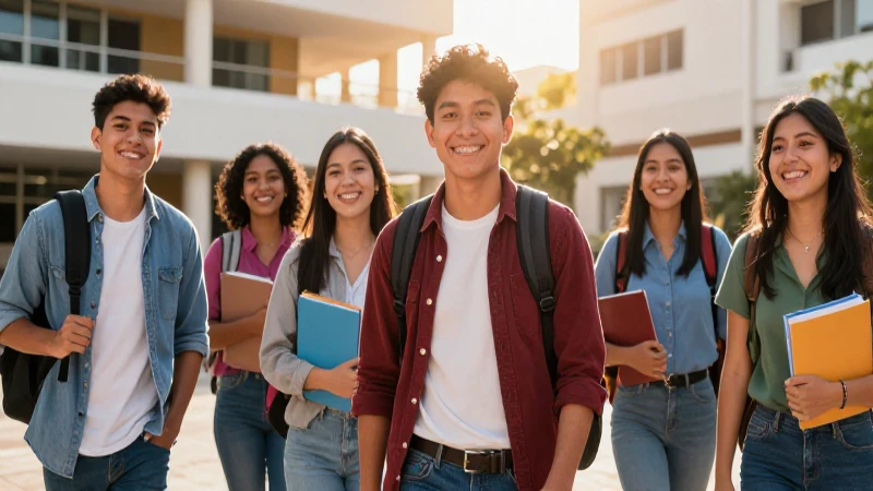 Estudiantes mexicanos sonriendo en campus moderno