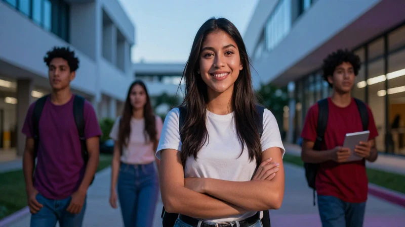 Estudiante universitario mexicano sonriente en campus moderno