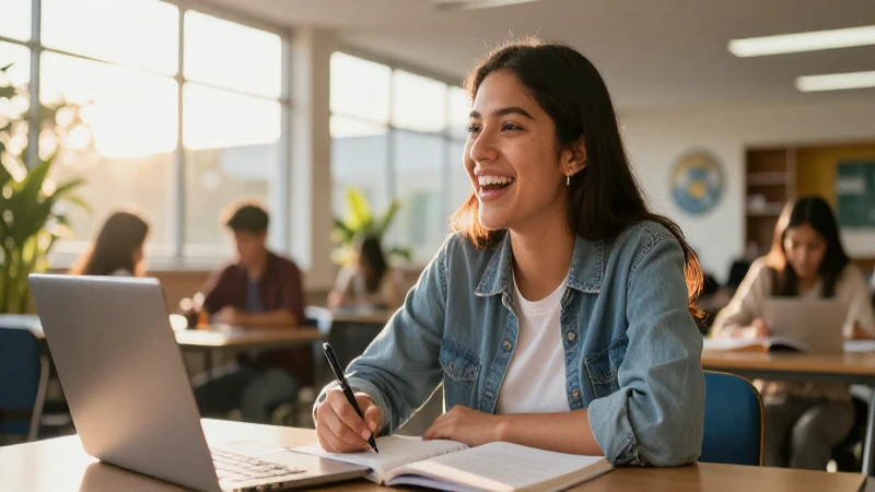 Estudiante mexicano sonriente estudia en campus moderno
