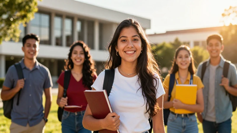 Estudiantes universitarios sonriendo en un campus moderno