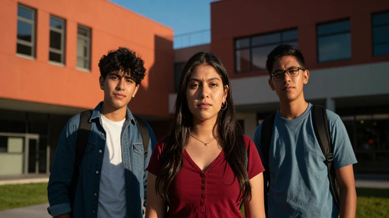 Tres estudiantes mexicanos en campus vibrante con luz dramática