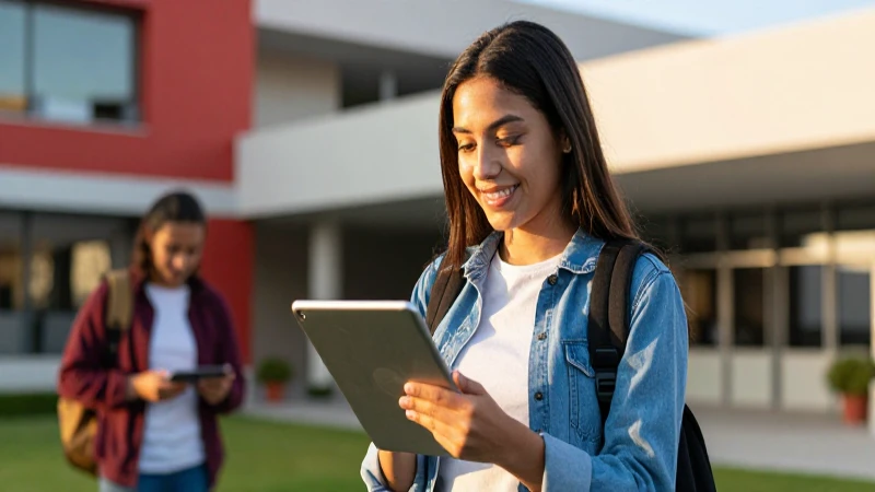 Joven estudiando en campus moderno y vibrante