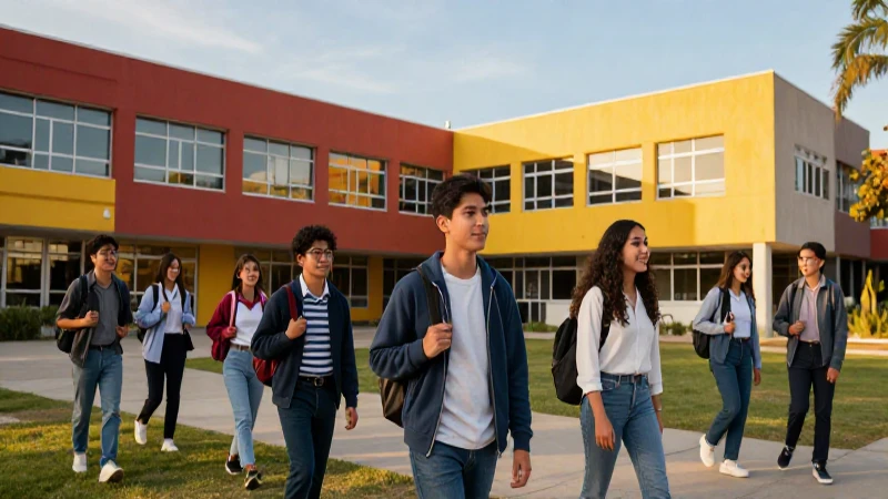 Estudiante mexicano exitoso en campus moderno