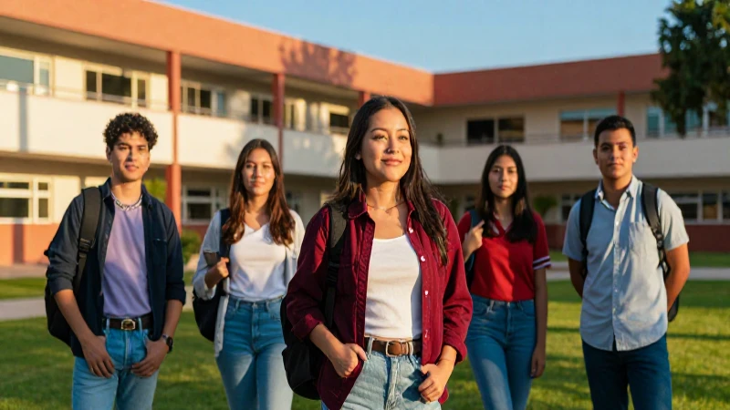 Joven mexicano optimista en campus moderno y soleado