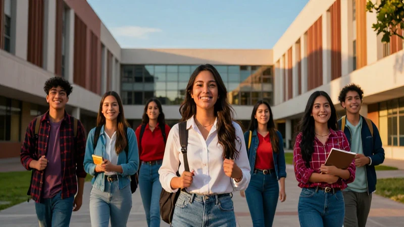 Estudiante mexicano exitoso en campus moderno