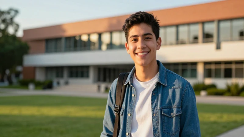 Joven mexicano sonríe en campus con éxito y progreso