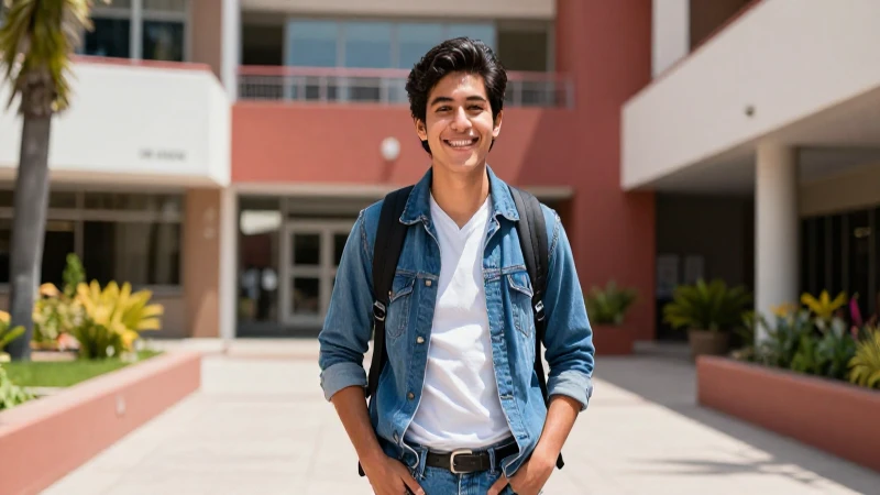 Estudiante mexicano sonriente en campus moderno