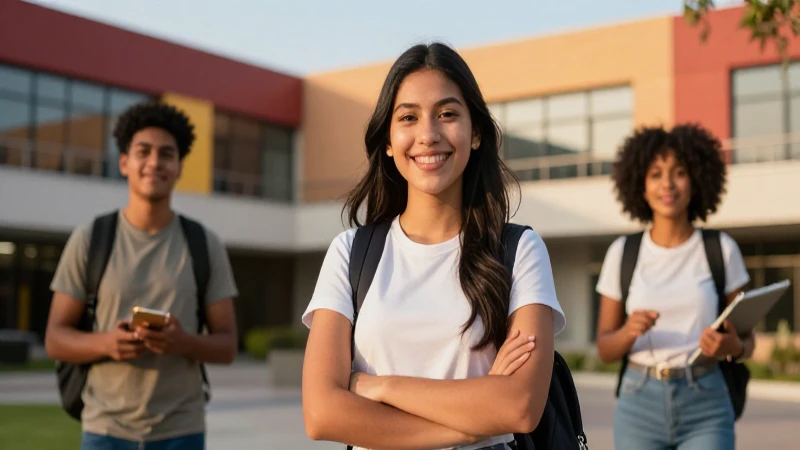 Joven mexicana sonríendo en universidad moderna