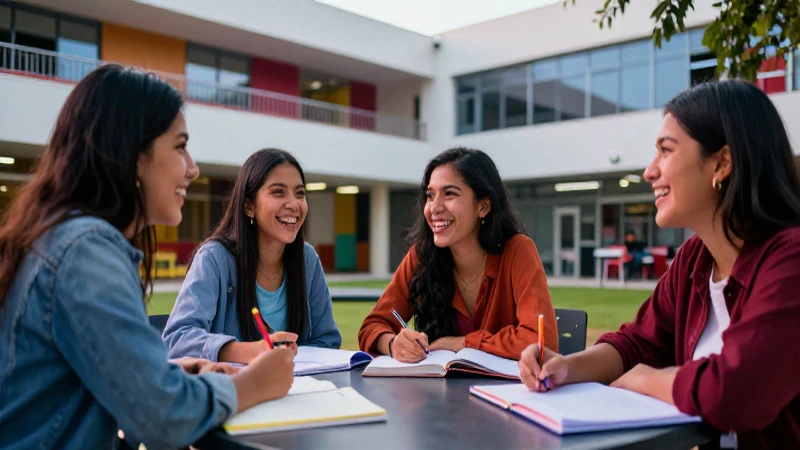 Estudiantes mexicanos jóvenes ríen y estudian en la universidad
