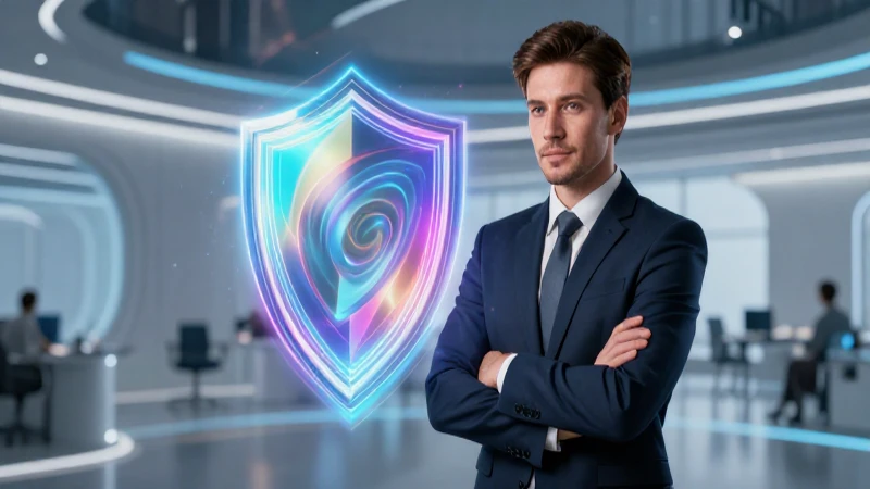 Líder corporativo protegido por un escudo futurista