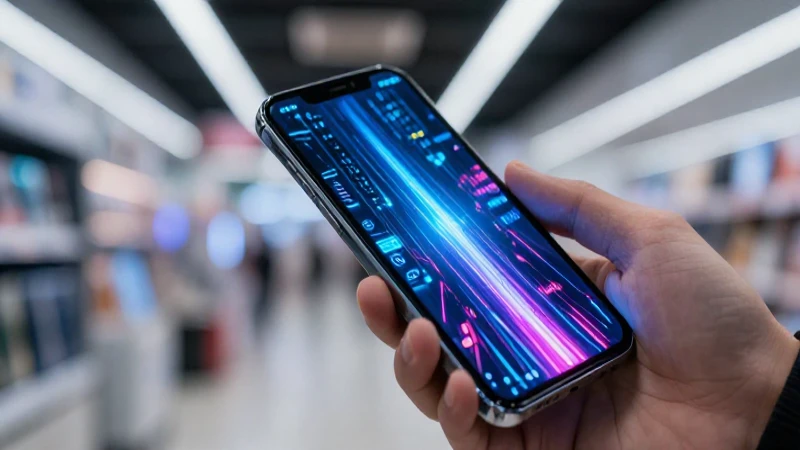Mano sostiene móvil con datos vibrantes
