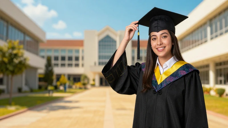Joven ambiciosa, graduada, camino al éxito en la universidad