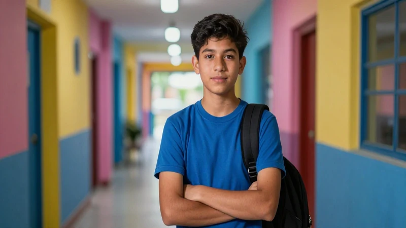 Estudiante mexicano en pasillo vibrante y moderno