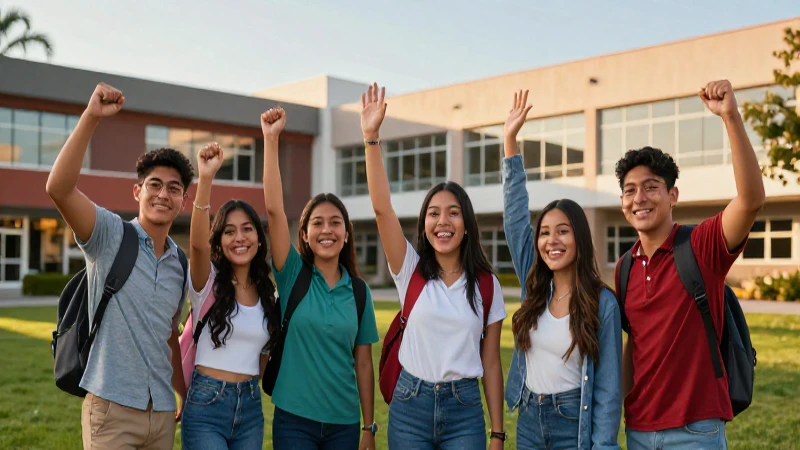 Estudiantes mexicanos celebrando éxito en campus moderno