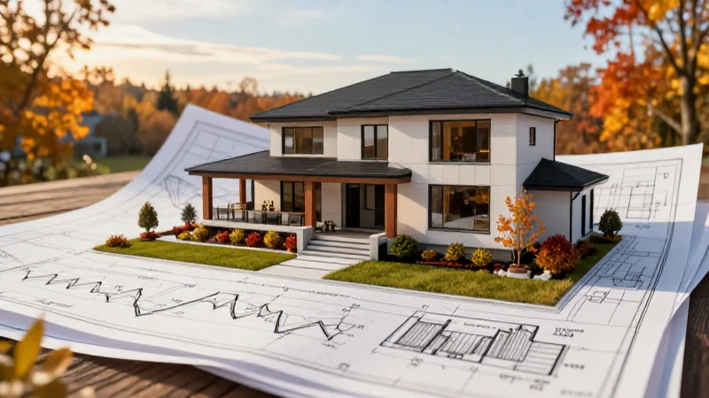 Casa canadiense lujosa con planos financieros y paisaje otoñal