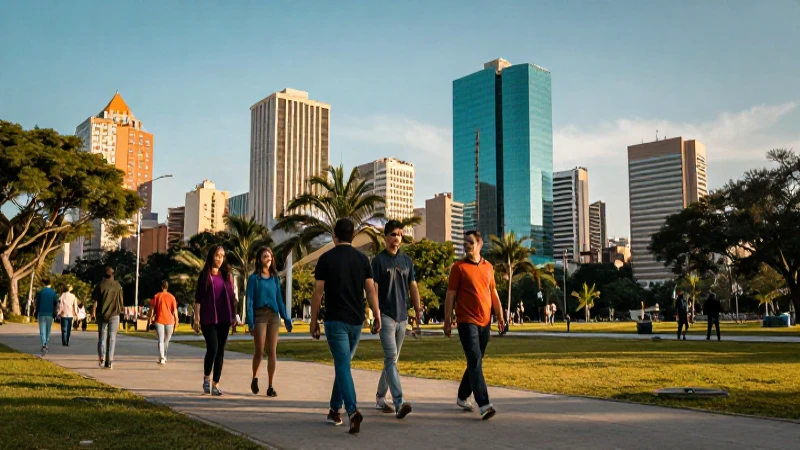 Ciudad vibrante y diversa al atardecer