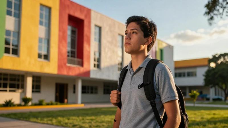 Estudiante mexicano decidido en campus universitario moderno