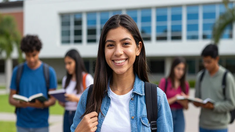 Estudiante sonríe en campus universitario vibrante
