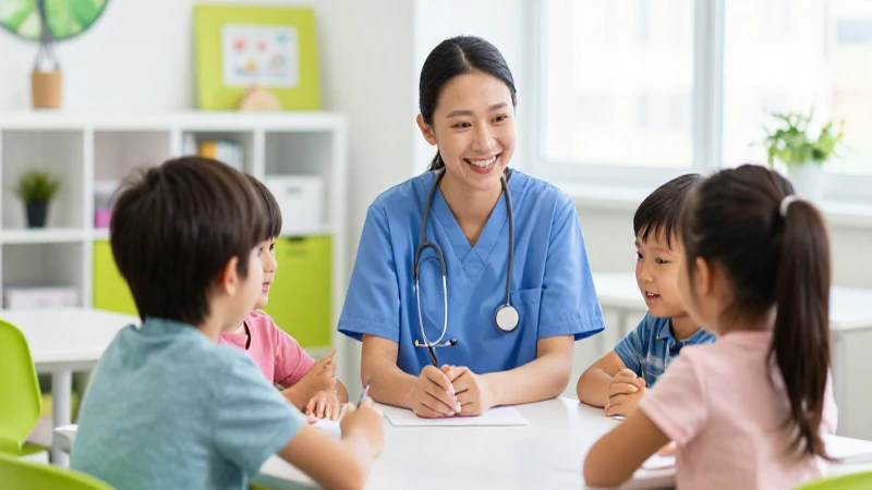 Cuidador feliz con niños en aula moderna