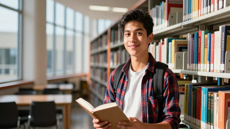 Joven mexicano soñador en la biblioteca