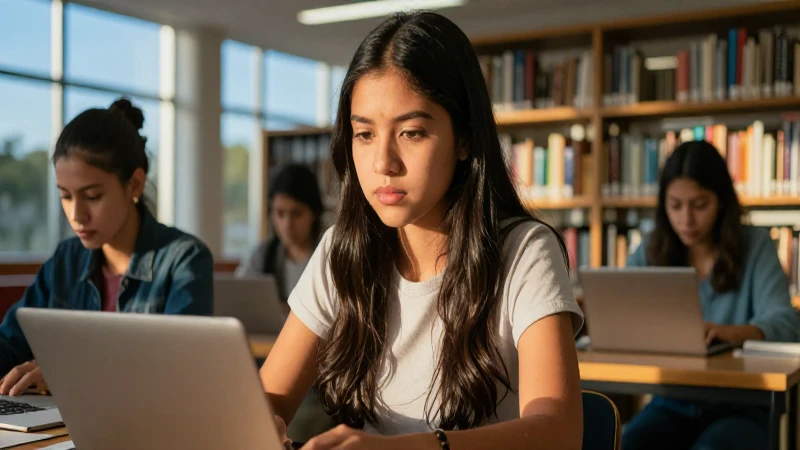 Estudiante mexicana concentrada en biblioteca moderna