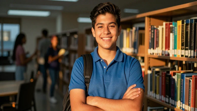 Sonrisa estudiantil en biblioteca dorada y vibrante
