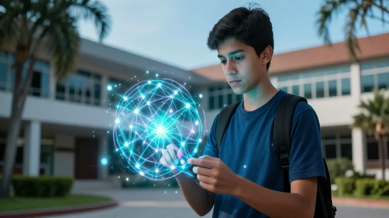 Joven estudiante mexicano en campus con redes holográficas