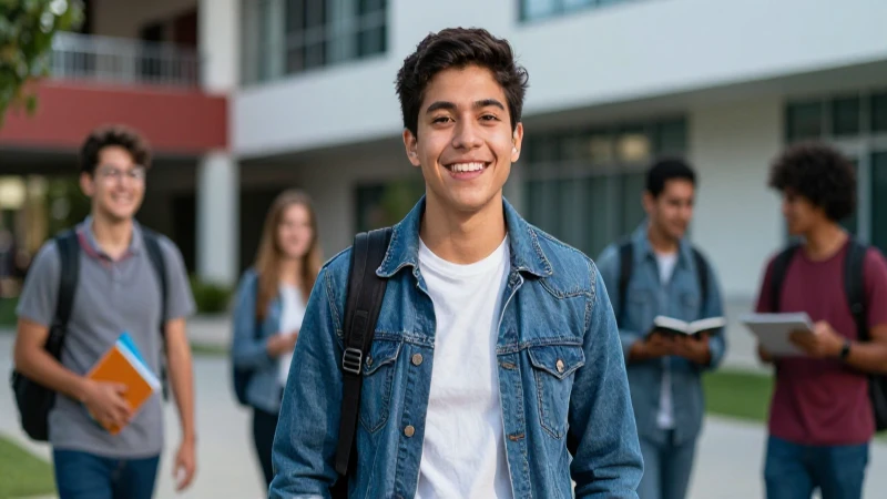 Estudiante mexicano sonriente en campus moderno