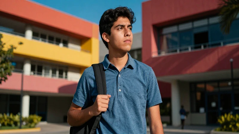 Estudiante universitario mexicano vibrante en campus moderno