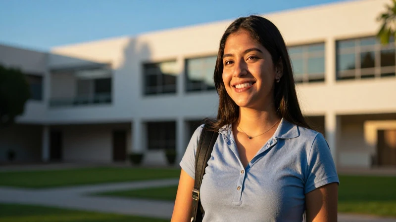 Estudiante mexicana sonriente en campus dorado y vibrante