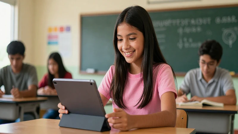 Estudiante mexicano feliz, aprendiendo en moderno aula
