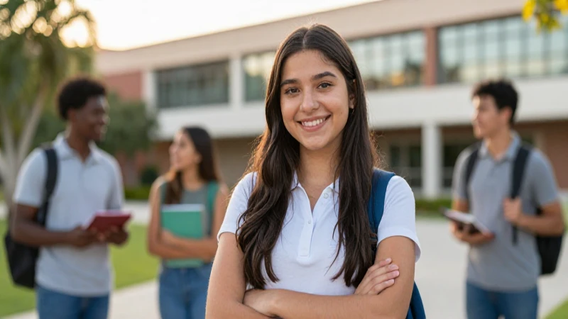Estudiante mexicano exitoso en campus moderno al atardecer