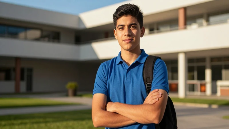 Estudiante mexicano en campus con luz dorada