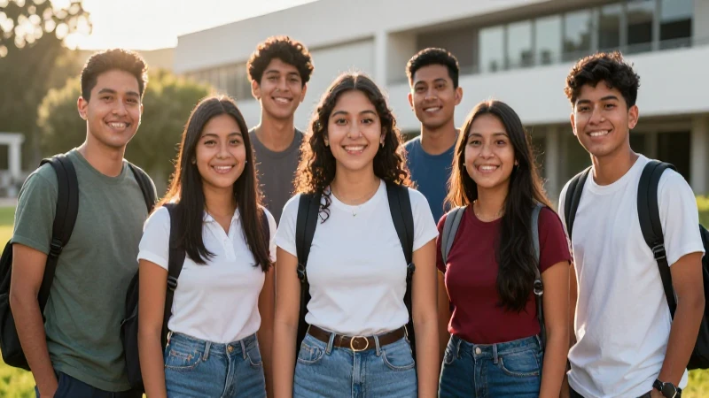 Estudiantes mexicanos sonrientes en campus moderno