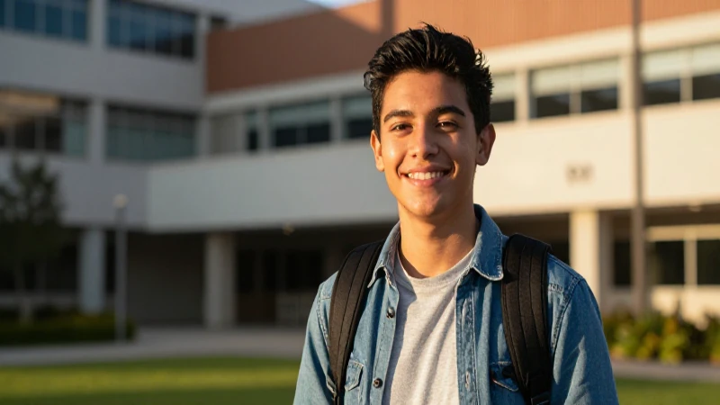 Estudiante mexicano sonriendo en campus dorado