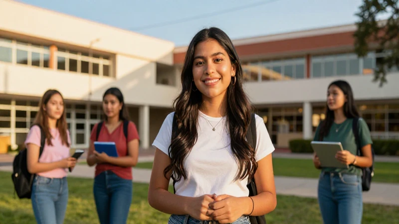 Estudiante mexicano sonríe en campus vibrante al atardecer