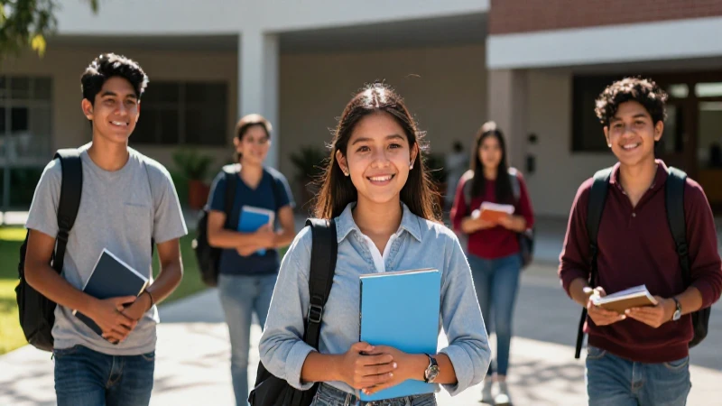 Estudiantes mexicanos sonriendo en campus moderno